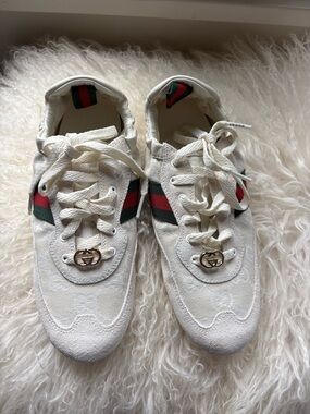 Gucci Off-White Canvas Sneakers with Red and Green Web Stripe
